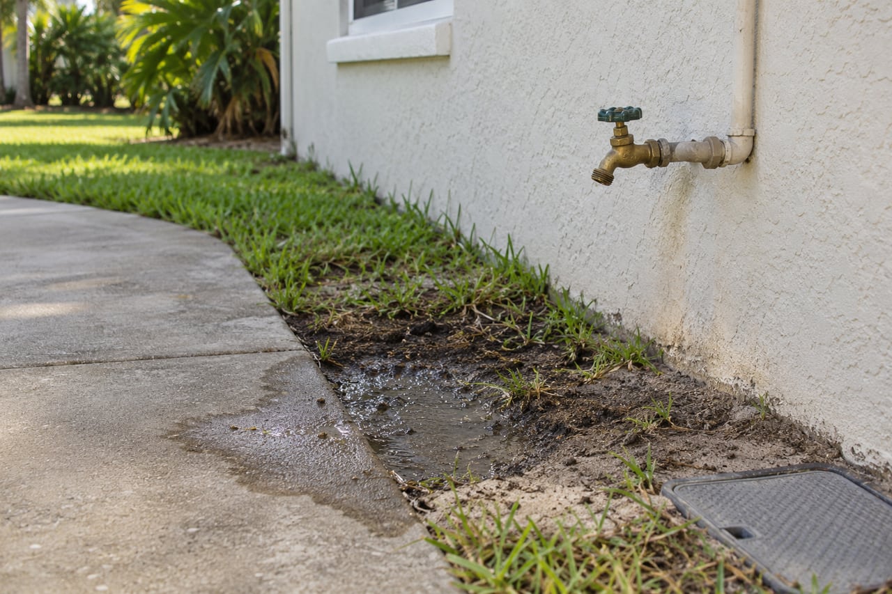 Illustrative wet soil beside a residential exterior water supply connection