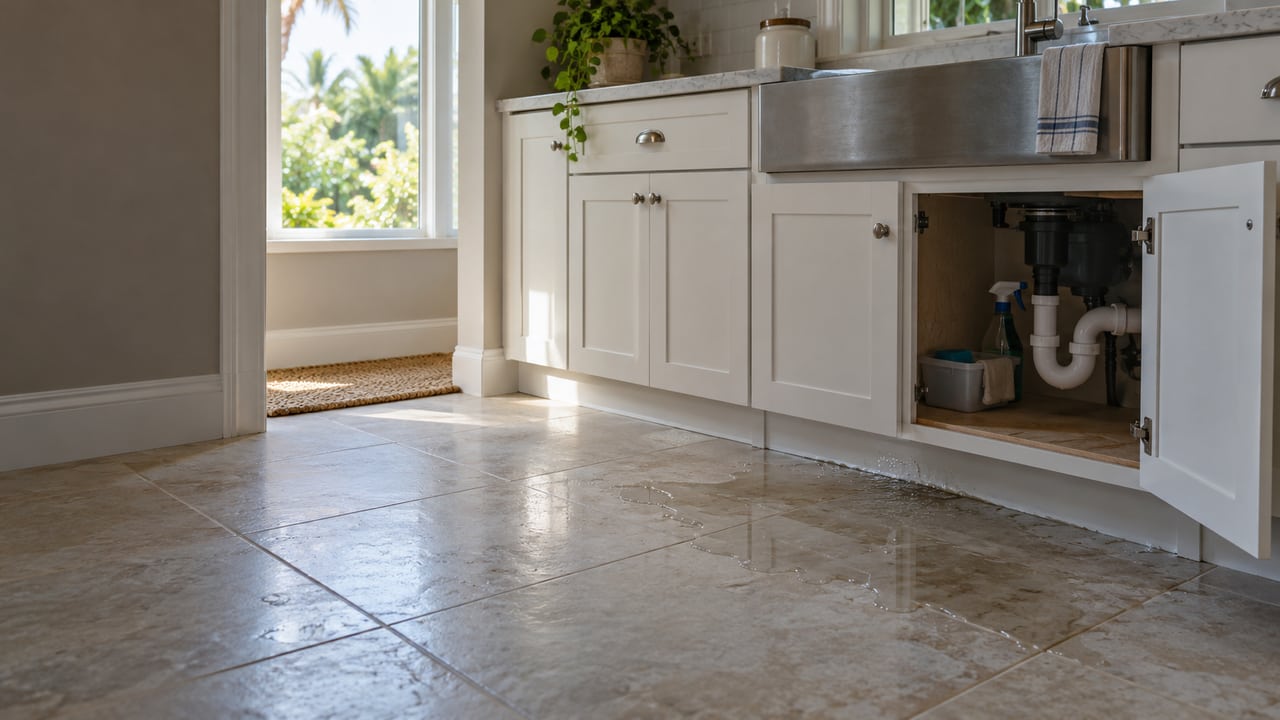 Illustrative kitchen with an open sink cabinet and water on the tiled floor